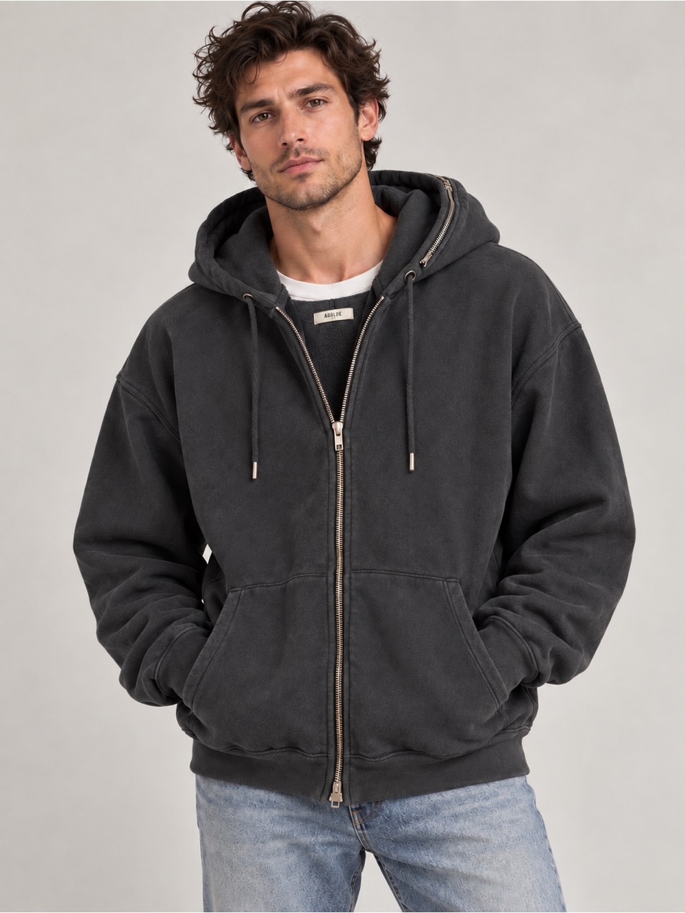 Agolde Washed Black Zip-Up Hoodie